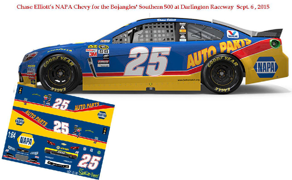 SCF2108 #25 Chase Elliott 2015 NAPA Chevy that will run September 6, 2015 at the Bojangles Southern 500 Darlington Raceway