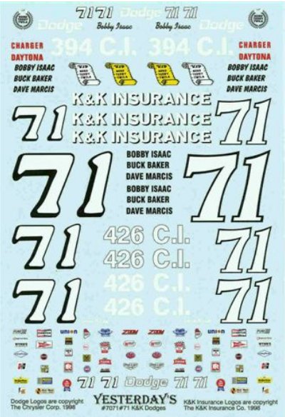 YES_71K&K 1969-76 Buck Baker-Bobby Isaac-Dave Marcis #71 K&K Insurance (1:24)